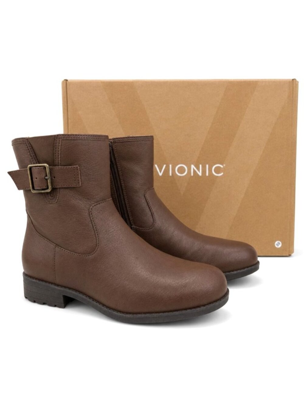 Vionic Jill Coffee Leather Ankle Boots Women’s 9.5 Arch Support Comfort